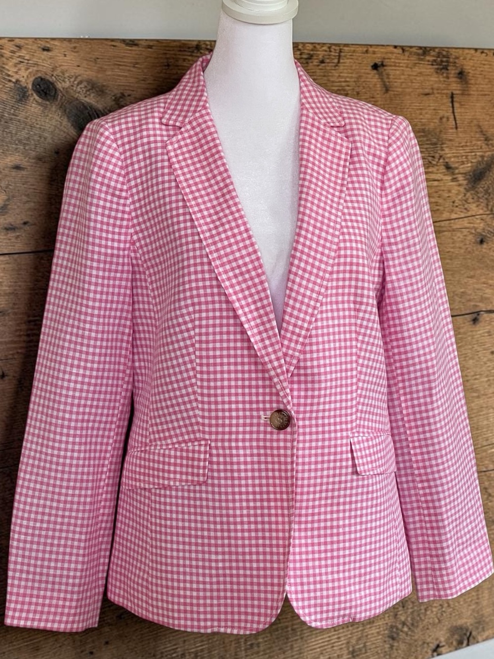 Talbots Petite Pink White Check Gingham Single-Button Blazer Sz 8P Lightweight